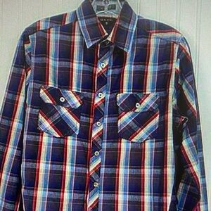 Buckle Men's Plaid Button-Down Shirt in Blue, Red & White
